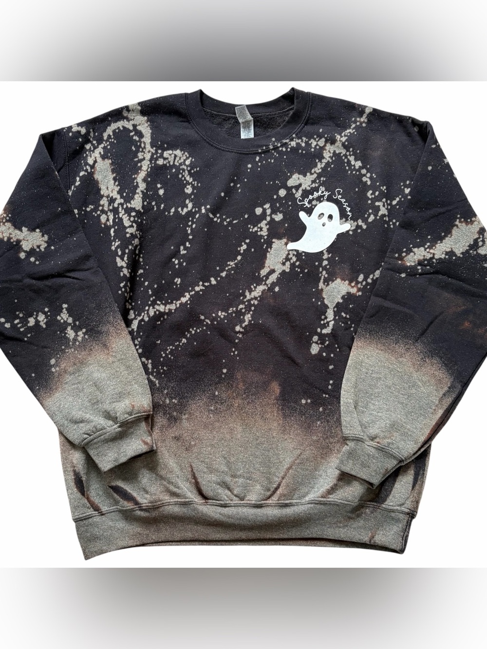 Spooky Season Ghost Bleach Dye Crewneck Sweatshirt Black Gray Size Large